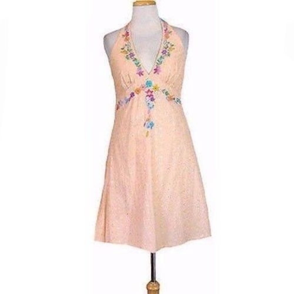 Halter Dress $80 Peach Cotton Embroidery Sequin